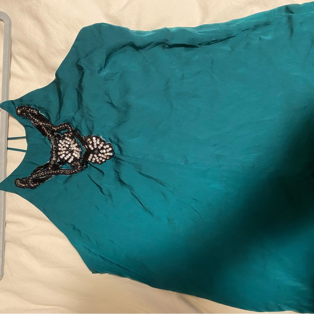 Teal Sleeveless Dress with Beaded Neckline
